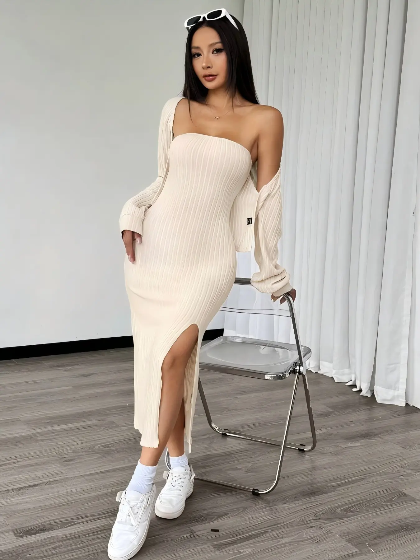 Women's Knitted Long Sleeve Cardigan & Cami Dress Set, Casual Fashion, Comfortable and Stylish, Perfect for Daily Wear