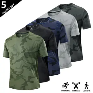 Men’s 5-Pack Summer Casual Sports Short-Sleeve T-Shirts, Comfortable & Breathable, Ice Silk Quick Dry, Camouflage Pattern, Suitable for Training, Fitness, Running, Great as a Gift