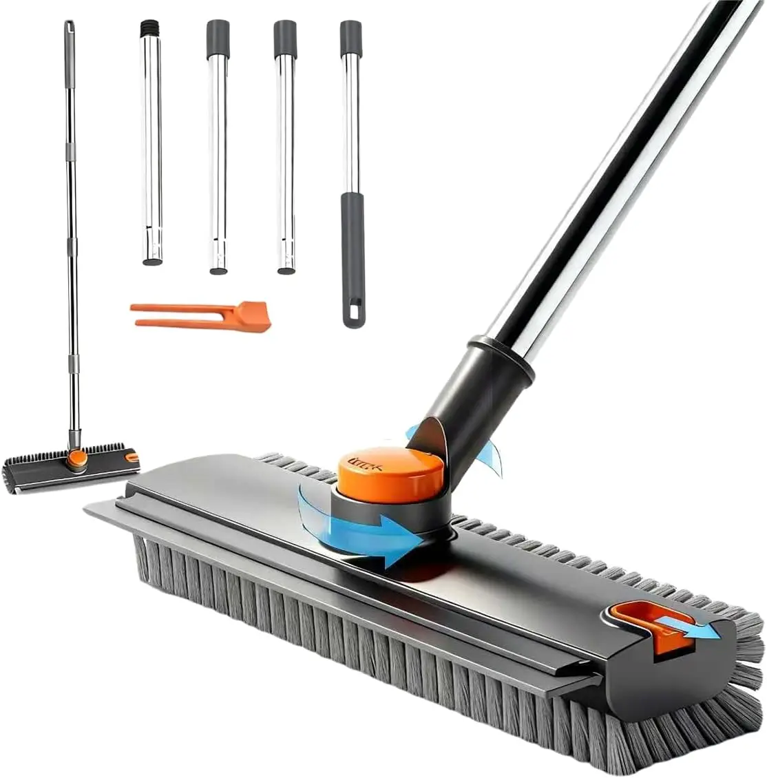 Floor Scrub Brush with Long Handle, 3 in 1 Scrape and Heavy-Duty Stiff Bristle Scrubber Brush for Cleaning Shower Bathroom, Patio, Pool, Garage, Kitchen, Wall and Deck (Gray, 1 Pack)
