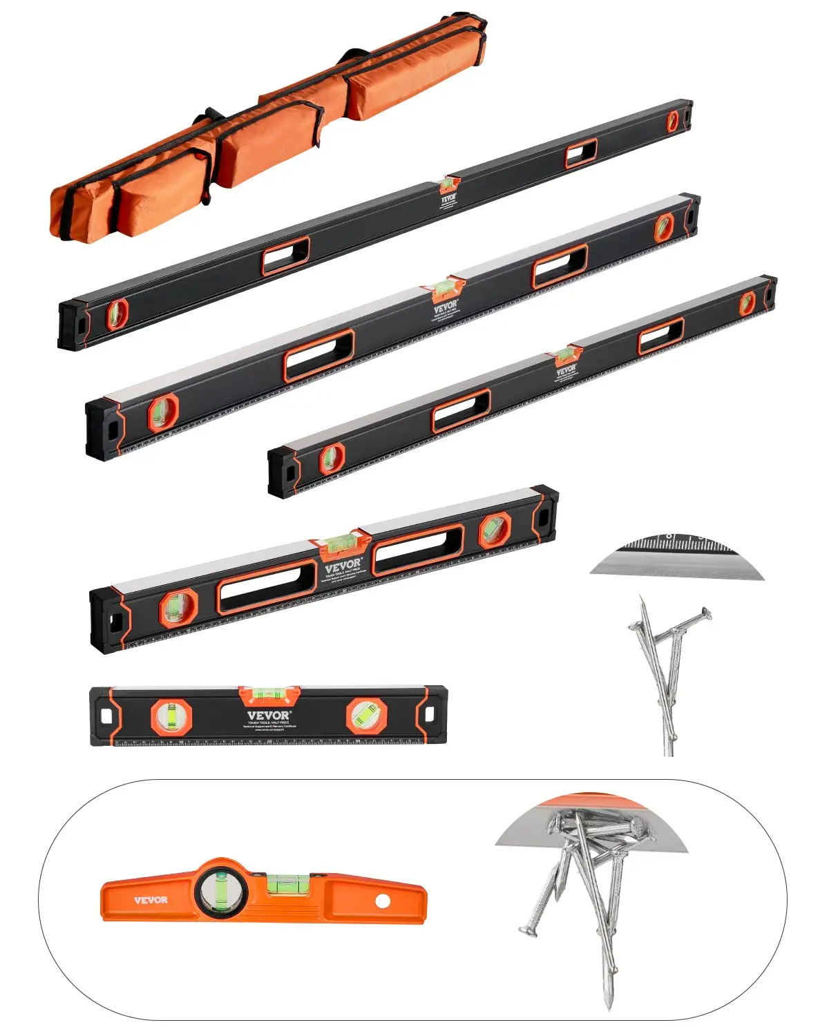 6-Piece Torpedo Level 78/48/32/24/16/10 In Aluminum Alloy Body with Bubble Vials