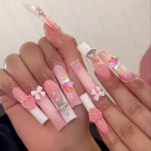 24pcs Glossy Pink Long Ballerina Fake Nails, White French Tip Press On Nails With 3D Cute Duck Bowknot And Heart Pearl Design, Sweet Cool Y2K False Nails For Women Girls Nail Art Nail Care Nail Polish Cutics Manicure Cosmetic