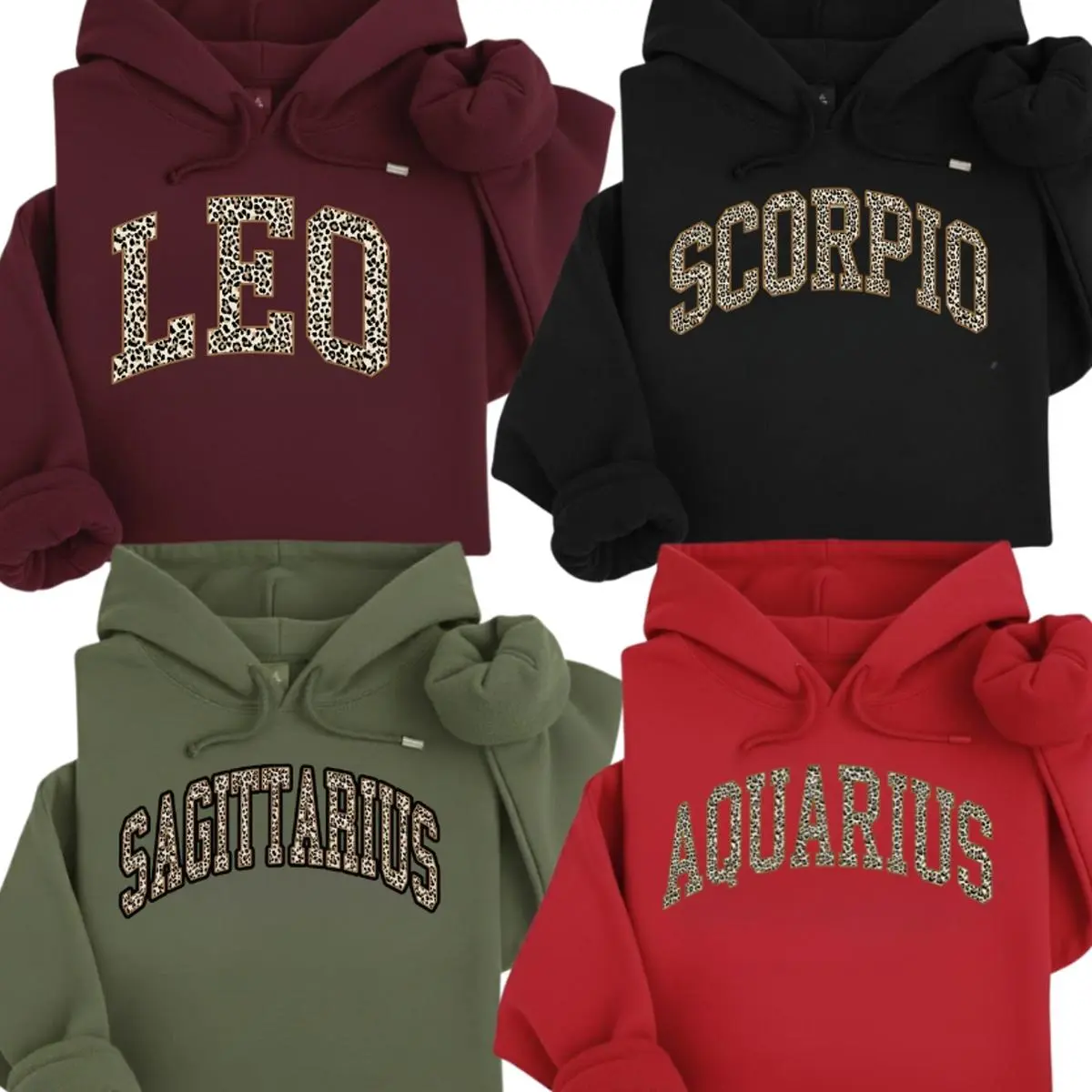 Full 12 Zodiac Leopard Print Hoodie, Astrology Sign Graphic Pullover for Women, Bold Horoscope Design, Cozy Casual Streetwear Gift