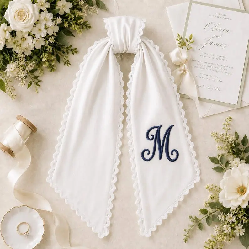 Custom Embroidered Wreath Sash, Personalized Monogram Wedding Bow, Stripe Gingham Wedding Sash, Bridal Shower Gift, Initial Front Decor