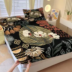 Bohemian Vintage Floral Fitted Sheet Set, 1 Bed Cover and 2 Coreless Pillowcases, Hand-Drawn Floral and Geometric Patterns Mattress Protector, Soft Anti-Slip Bedding, Vintage Ethnic Bedroom Decor, Gift Choice