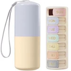 Cylindrical Rotatable 7 Compartments Pill Case Dopamine Color Scheme Sliding Closure Sealed Waterproof Travel Pill Container