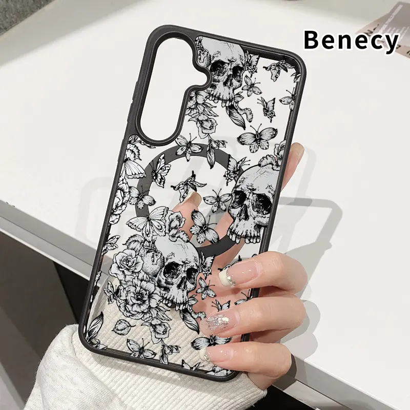 Magnetic Phone Case Compatible with Samsung Galaxy S26 S23 Ultra S24 Plus S25 Edge S22+ FE Skull Floral Flutter Pattern Acrylic Back TPU Edges Anti-Fingerprint Ultra Slim Hard Cover Gift
