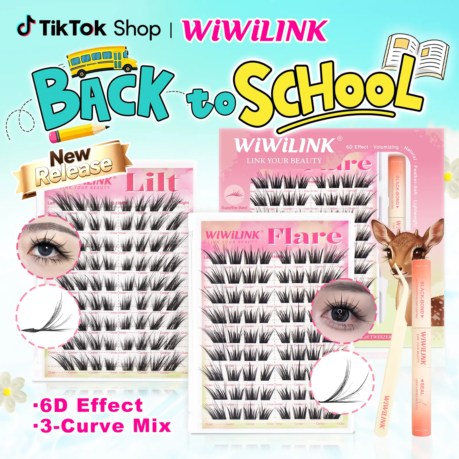 WiWiLINK Flare Lilt 6D Cluster Lashes Kit, CC Curl DIY Lash Extension Set, 12-18mm Mixed Individual Clusters, Soft Thin Band Waterproof Long-Lasting Eyelashes with Lash Bond, Seal & Tweezers