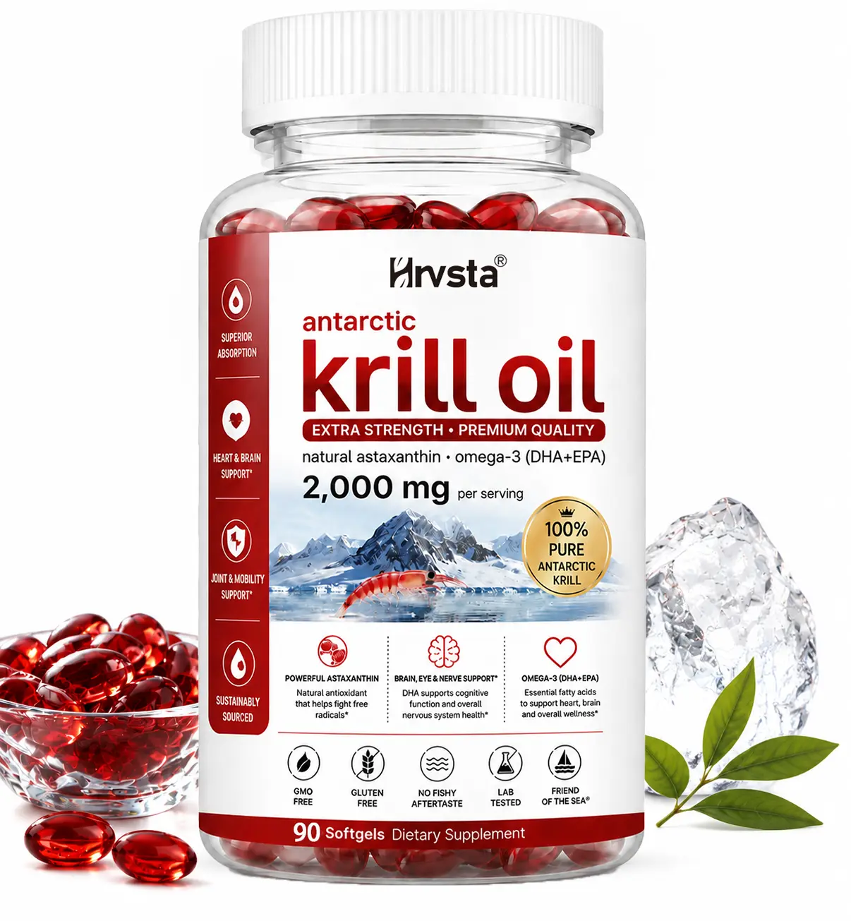 Antarctic krill oil supplement, 2000 mg per serving, 90 softgels | Rich in Omega-3 EPA and DHA, contains phospholipids and natural astaxanthin | No fishy smell | Non-GMO, gluten-free