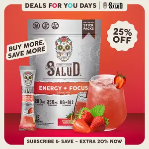 Salud 2-in-1 [Energy + Focus – Strawberry Margarita] Clean Energy Drink Mix, Agua Fresca, Organic Caffeine, B6 & B12, L-Theanine, Drink Packets, Non-GMO, Gluten Free, Vegan, Low Calorie, 1g Sugar (15 Servings), Deals For You Days
