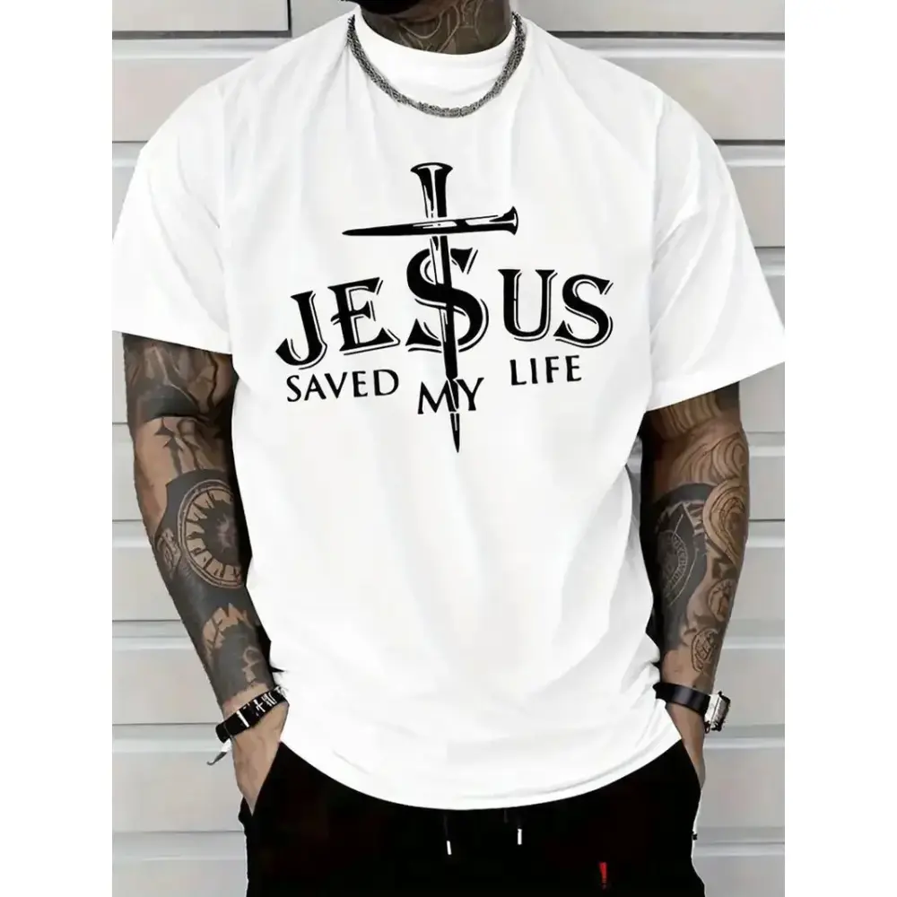 Men's Jesus Saved My Life Graphic T-Shirt - 100% Cotton Fabric, Christian Cross & Bible Verse Prints, Casual Relaxed Fit, Lightweight Short-Sleeve Round Neck, Foldable All-Season Christian Tee