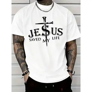 Men's Jesus Saved My Life Graphic T-Shirt - 100% Cotton Relaxed Fit Casual Short Sleeve Tee with Bold Cross Print, Round Neck & Machine Washable for Casual Attire