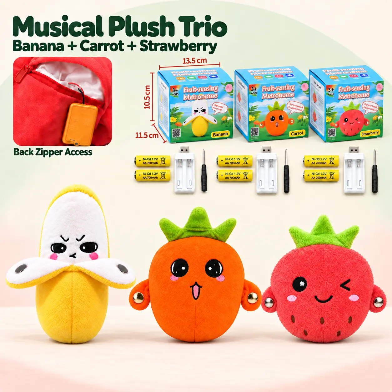 Musical Sensory Stuffed Toy Set - Phthalate-Free Rechargeable Interactive Kids Toys with Fruit Shapes (Strawberry/Banana/Carrot), 2-Player Mode, Parent-Child Interaction, Whimsical Prank Gift for Ages 3+