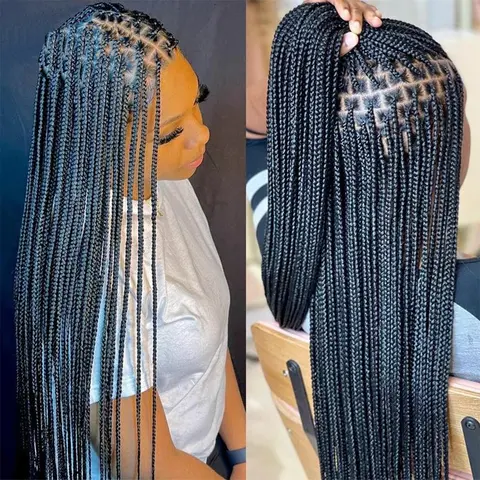 Women's African Synthetic Full Lace Wig 30 Inch Hand-Crochet Knotless Box Braids, Straight Black, Heat-Resistant Synthetic Hair, Protective Style, Female African Women's High-Quality Versatile Fashion Accessory