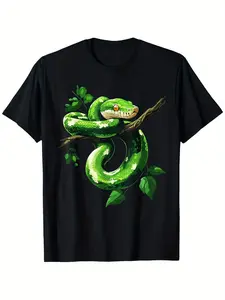 T-Shirt for Reptile Enthusiasts Featuring a Green Tree Python, Made from 100% for Softness And Comfort, with High-Quality Printing. Available in Black with a Round Neck, Sizes S to XXXL, Perfect for Casual Outings, Parties, Or As a Holiday Gift