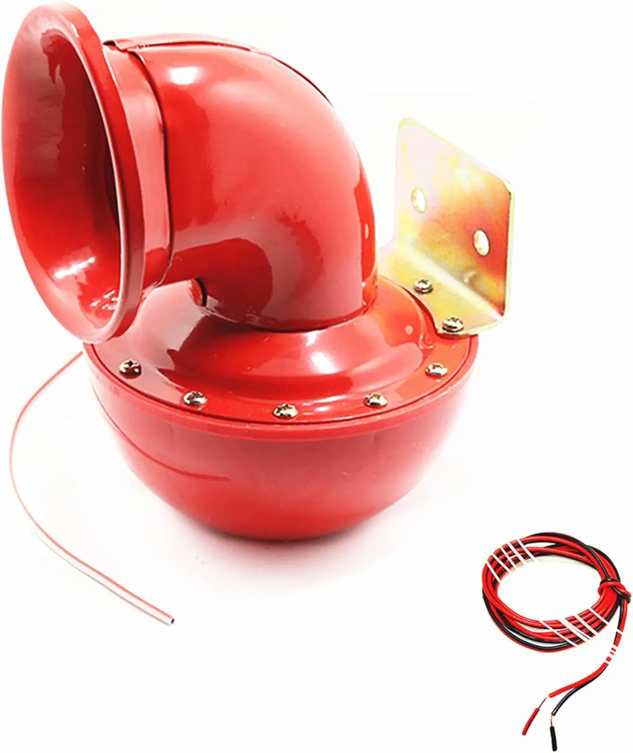 Electric Bull Horn - 150db Loudspeaker, Red, Metal, Super Loud for 12V Vehicles, Trucks, Cars & More