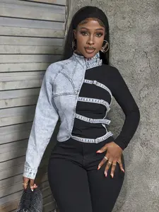 Women'S Casual Denim Jacket, Patchwork Denim Top, Asymmetric Irregular Denim One-shoulder Short Design