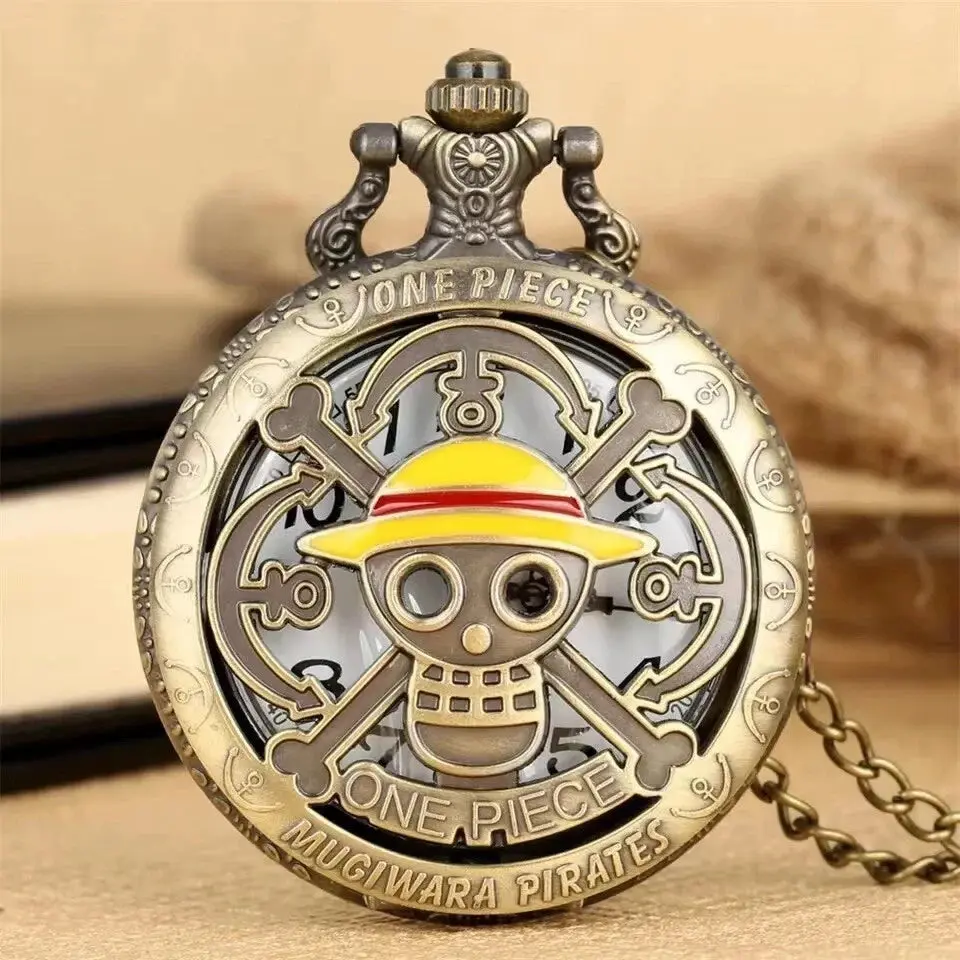 inspired Bronze Pirate Skulll Anime One Piece Quartz Pocket Watch Necklace