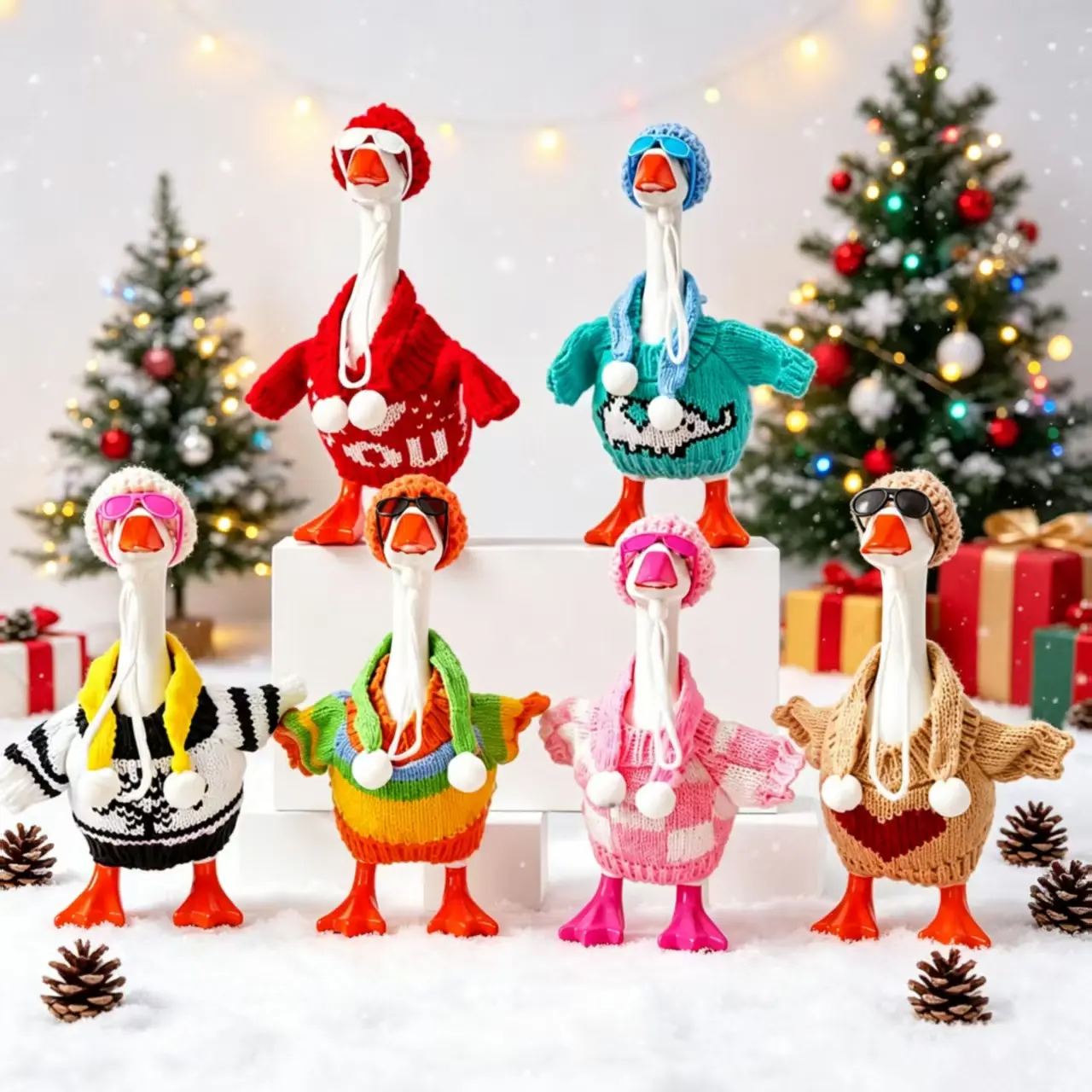 24Pcs Desk Goose Outfits 7inch Mini Goose Knitting Clothes with Hats Sweater Sunglasses Scarves, Small Desk Duck Accessory for Magnetic Silly Geese Keychain Outdoor Porch Statues Decor