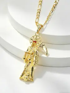 1 Piece 14k Gold Plated Fashion Hip Hop Santa Muerte Death God Pendant Necklace, Unisex Jewelry, Halloween Festival Gift, Religious Accessory