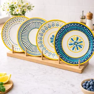 8 Inch Ceramic Plates Set Of 4, Blue & Yellow Mixed Pattern Salad Dessert Pasta Steak Plates,Microwave & Dishwasher Safe, Lead-Free Dinnerware