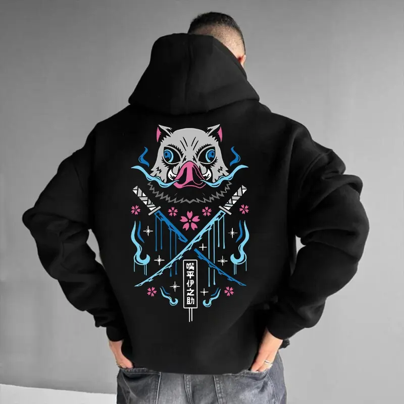 🎉 [Sale Up To 50%] Inosuke Demon Slayer Hoodie - 90s Style, Black with Graphic Design Tee, Kimetsu no Yaiba Tee, Ideal for Fans and Anime Lovers - Classic