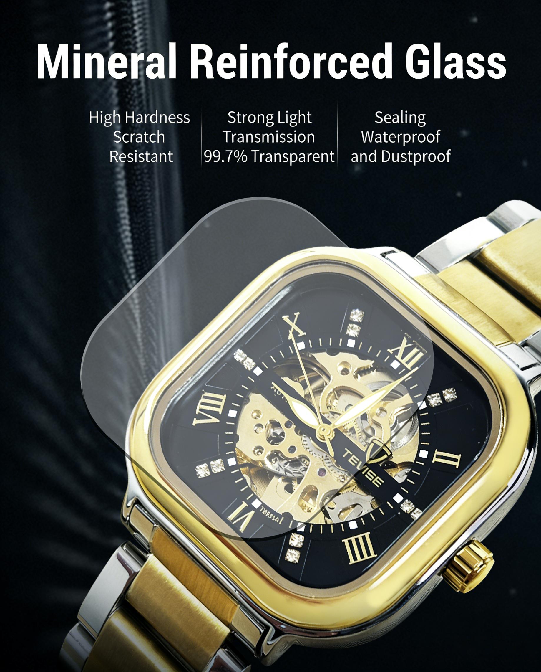 Luxury Men's Skeleton Automatic Watch, Gold Accent, Square Case, Business Stainless Steel Timepiece