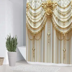 Elegant Bathroom Set with Decorative Patterns, Includes Soft Shower Curtain, Mat, and Toilet Seat Cover, 1/4 Piece Bath Ensemble, Restroom Shower Curtain Sets