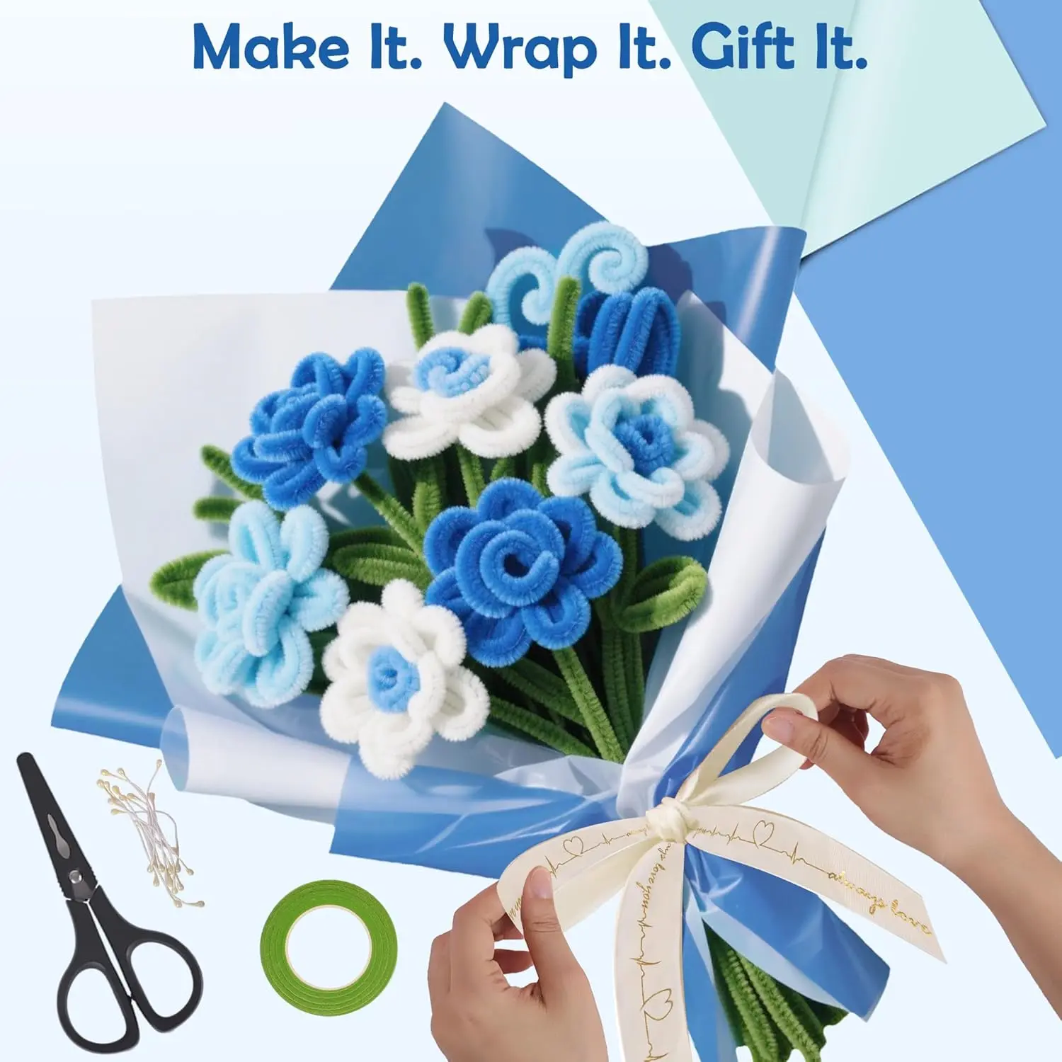 Pack of 500 Blue Pipe Cleaners Craft Kit for Flower Making, DIY Bouquet Set with 8mm Chenille Stems, Floral Wire, Ribbon & Tools for Handmade Gifts and Decor,car accessories