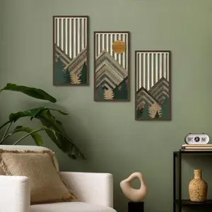 Boho Style Mountain & Tree Pattern Wood Grain Print Wooden Wall Art, 3 Counts/set Wall Decor for Home Living Room Bedroom Office, Wall Art Decor, Ornaments