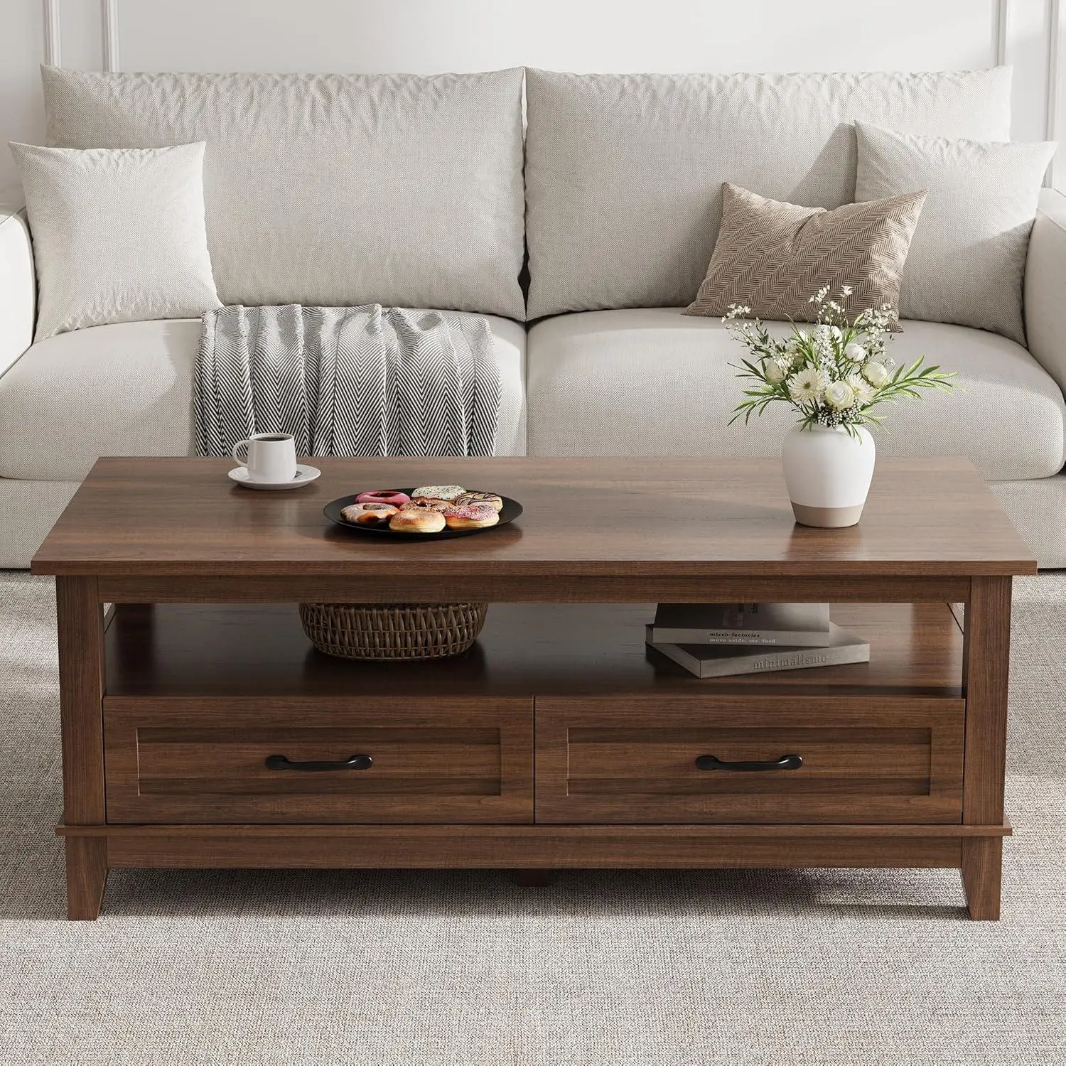 Gaomon 47.2-Inch Heavy-Duty Farmhouse Coffee Table - Rustic Walnut Wood Center Table with Drawers, Ample Storage, Elegant Design, Waterproof Top, Natural Grain, Metal Legs, Brown Outdoor Furniture