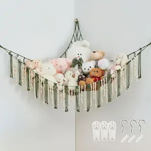 Boho Stuffed Animal Storage Hammock with Wooden Beads & Tassel - Rustic Multifunctional Home Supplies Room Accessories, Corner Hanging Net Toy Plush Holder for Kid Room Nursery Wall Decor (Avocado Green)