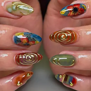 Colorful Artistic Press On Nails, Hand-Painted Poppy Art, Gold Spiral 3D Accents, Trendy Y2K Artistic Nails, Reusable nails