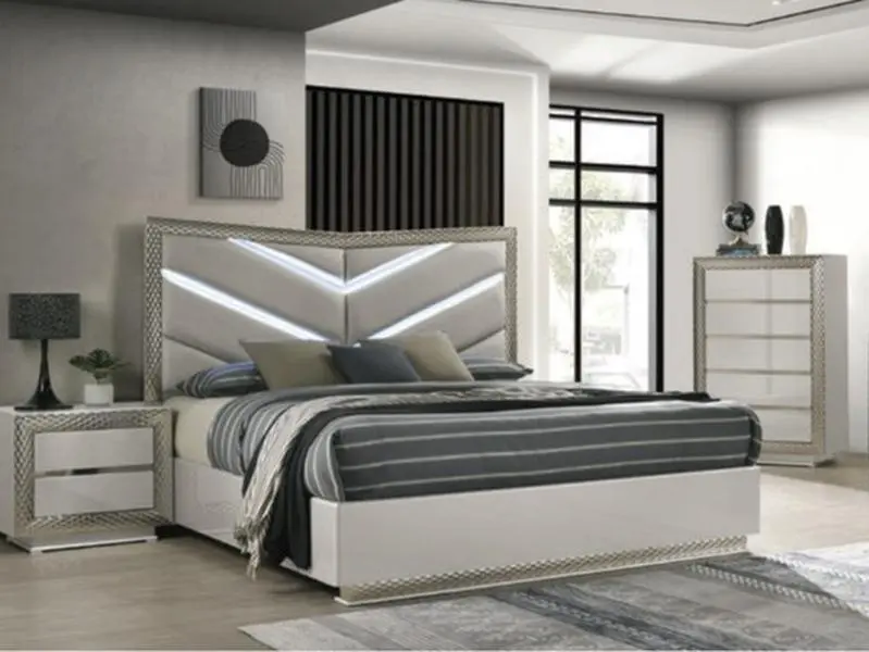 Furniture of America Ventnor Modern Queen Bed Set - Grey Wood Finish, Padded LED Headboard, Metal Accent Trim, Nightstand, Included Bed Frame for Bedroom Decor