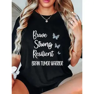 Brain Tumor Warrior | Brain Cancer Awareness Gray Ribbon T-Shirt Casual Short Sleeve Shirt Top Womenswear Streetwear Summer Crewneck Shortsleeve shirts women vintage graphic tees