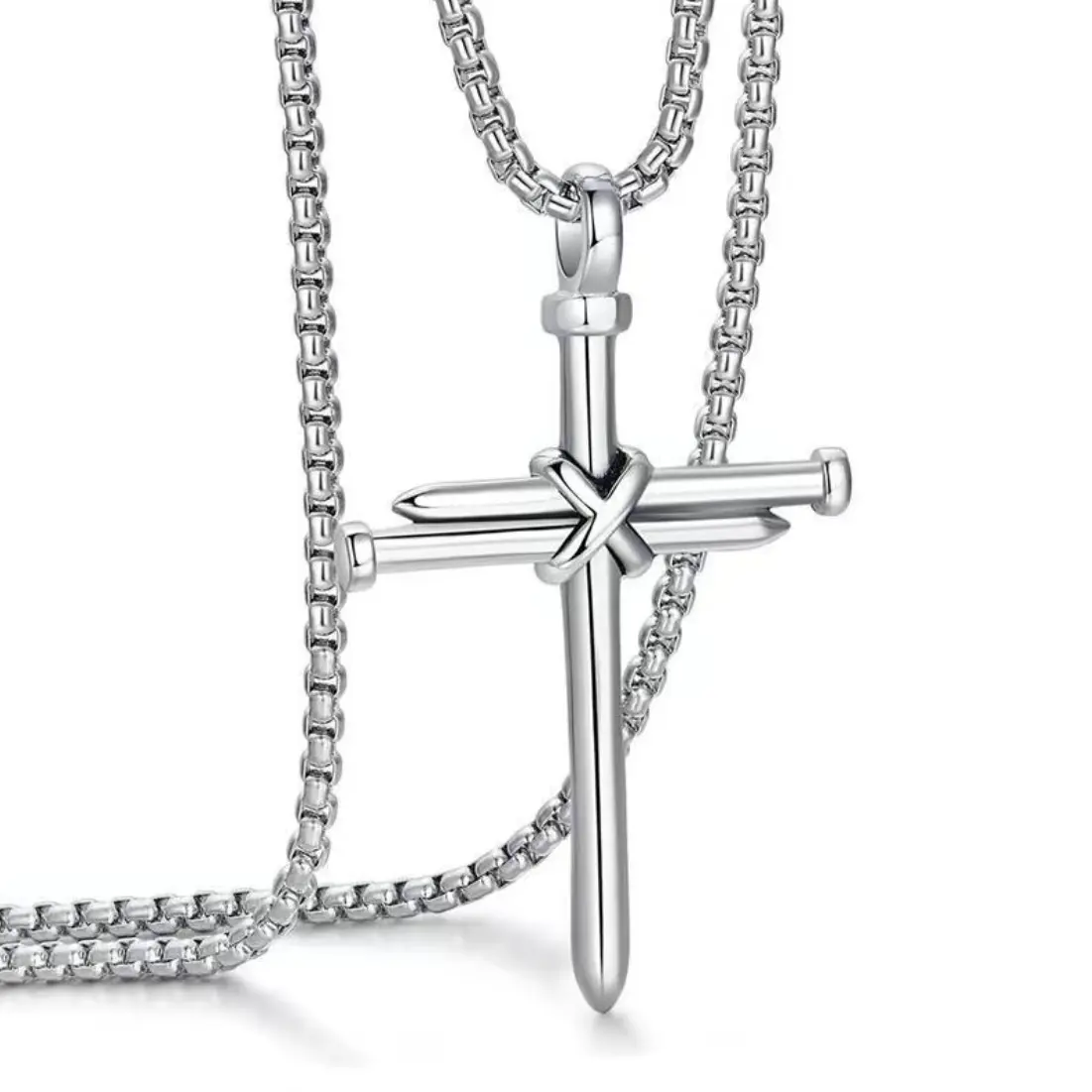Men's Nail Cross Pendant Necklace in Polished Stainless Steel, 24-Inch Long Chain - Elegant Casual Men's Accessories for Valentine's Day, Polished Cross Adds Clean Elegance, Unisex