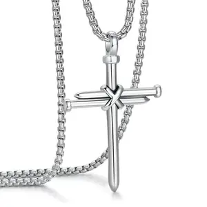 Men's Stainless Steel Nail Cross Pendant Necklace with 24 Inch Chain Polished Silver,Unisex Valentine's Day Gift