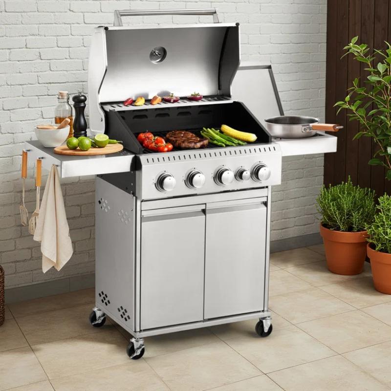 4-Burner Propane Gas Grill with 42, 000 BTU - Stainless Steel Body, Heavy-Duty Cast Iron Grates & Side Burner (Versatile Cooking), Silver Finish, Perfect for Patios/Backyards/Camping