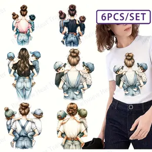 6pcs/set Mom & Family Vinyl Stickers, DIY Heat Transfer Iron-On Patches for T-Shirts, Realistic Printing Effect Graphics, Perfect for Clothes Decor, Mom & Apparel | Playful Design | Washable Vinyl