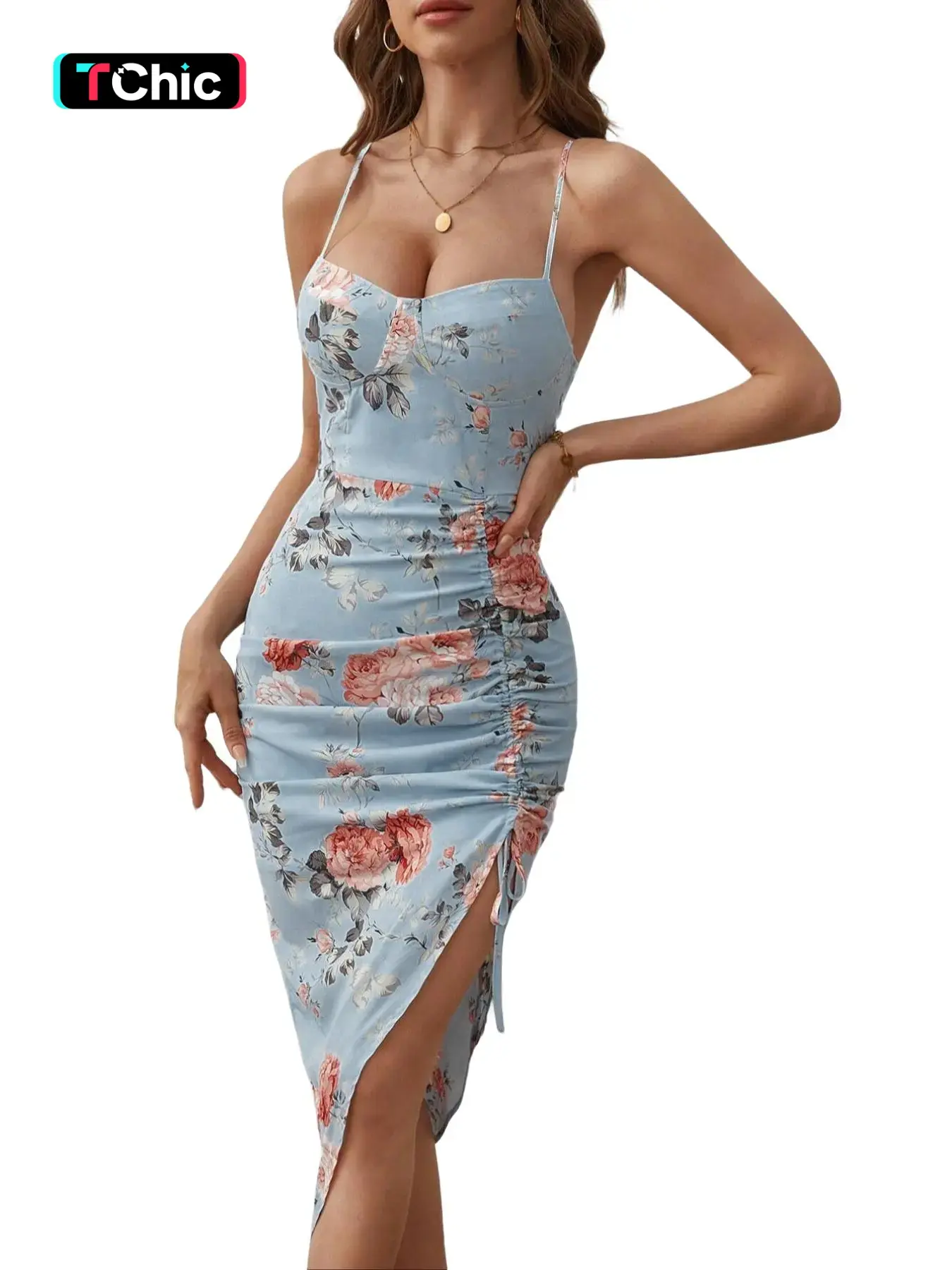 Women's Floral Print Sexy Side Split Drawstring Sleeveless Spaghetti Strap Cami Bodycon Dress, Summer Party Wear for Women, Elegant and Stylish Womenswear