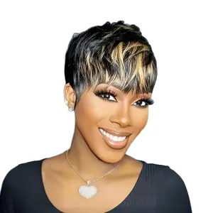 Heat Resistant Synthetic Short Curly Wig - Black with Blonde Red Streaks, Full Head, No Glue, Natural Wig for Daily Use or Party