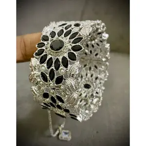 Adjustable Hand Cuff Lock Bracelet in Silver with Black & Torquoise Beads for Women - Wedding Bangle