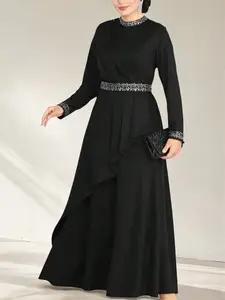 Elegant Embellished Abaya Dress, Luxurious Muslim Fashion, Belted Ruffle Hem, Perfect for Special Occasions, Timeless Style for Women