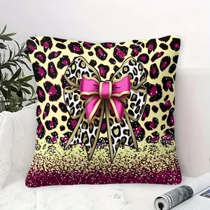 Adorable Pink Leopard Print Bow Pillow (With Filling), Fashionable Decorative Cushion, Zippered Square Pillow; Soft Comfortable to the Touch, It Is the Perfect Choice for Sofa, Living Room, Bedroom Decor, As Well As An Ideal Gift for Trendy Young People.