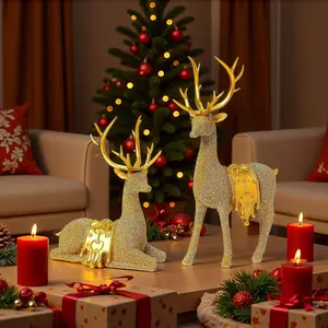 Set of 2 Christmas Reindeer Statues, 11.3" Gold Decorative Deer Sculptures for Home Decor, Elegant Holiday Ornament for Living Room, Table Centerpiece, Christmas Decoration Gift