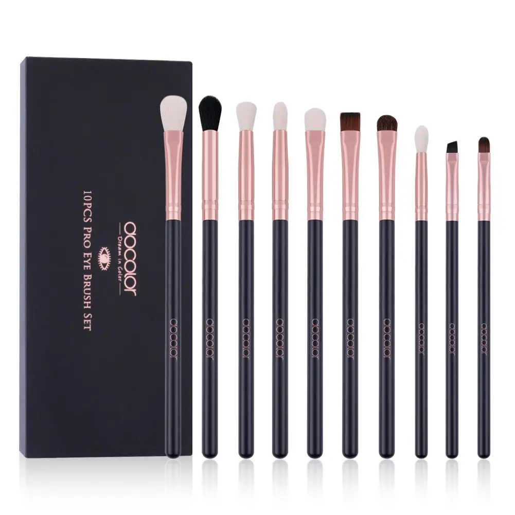 Docolor 10Pcs Eyeshadow Brush Set, Professional Eye Makeup Brushes Kit with Eyeshadow Eyebrow & Eyeliner Brush, Soft Blending Brush for Travel, DIY Eye Art Tool (Black Rose Gold Wooden Handle)