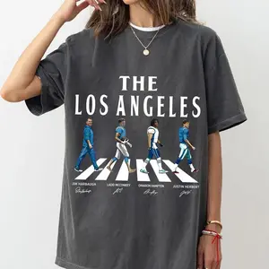 The Los Angeles Walking Road Road Signatures Shirt, Jim Harbaugh Ladd McConkey Omarion Hampton Justin Herbert Los Angeles Football Shirt