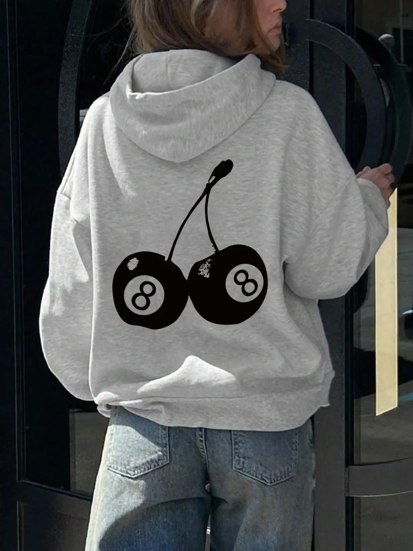 Women's Cherry & Number 8 Print Drop Shoulder Long Sleeve Fitted Graphic Hoodie, Casual Drawstring Pocket Hooded Sweatshirt for Daily Holiday Outdoor Wear, Ladies Clothes for Fall & Winter, Drawstring Knit Hoodie, Hoodies for Women
