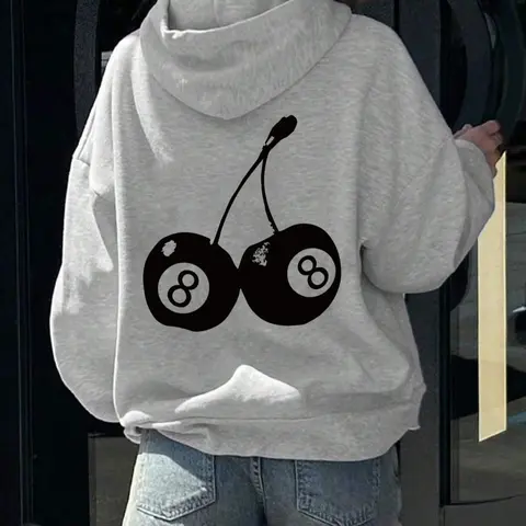 Women's Cherry & Number 8 Print Drop Shoulder Long Sleeve Fitted Graphic Hoodie, Casual Drawstring Pocket Hooded Sweatshirt for Daily Holiday Outdoor Wear, Ladies Clothes for Fall & Winter, Casual Streetwear Hoodies, Hoodies for Women