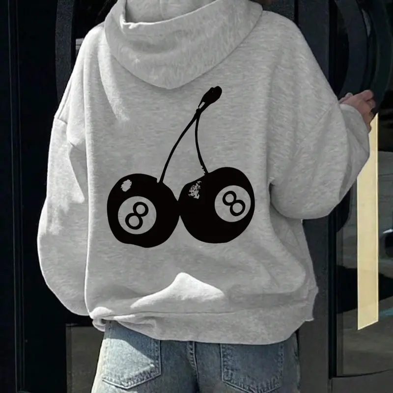 Women's Cherry & Number 8 Print Drop Shoulder Long Sleeve Fitted Graphic Hoodie, Casual Drawstring Pocket Hooded Sweatshirt for Daily Holiday Outdoor Wear, Ladies Clothes for Fall & Winter, Casual Streetwear Hoodies, Hoodies for Women