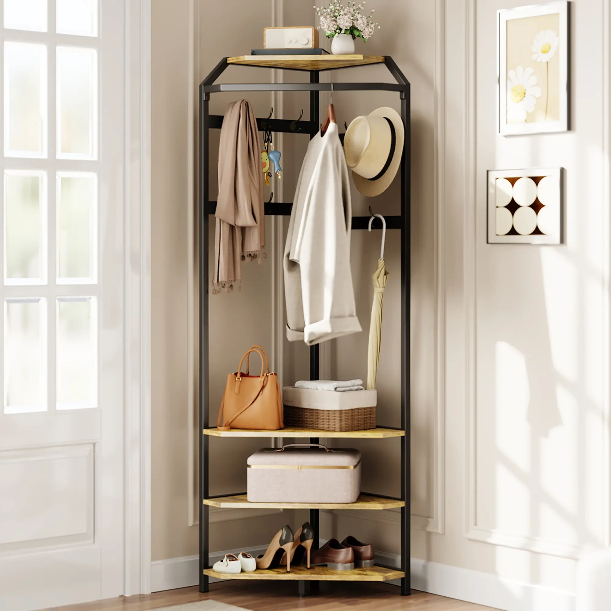 Freestanding Corner Coat Rack Furniture - 4-Tier Vertical Storage Floor Stand Coat Rack with Bench, 12 Hooks, Shoe Storage & Anti-Tipping Design for Mudroom, Bedroom, Corner Coat Racks